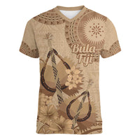Brown Bula Fiji Women V-Neck T-Shirt Fijian Dance Fan Tapa Cloth Pattern LT14 Female Brown - Polynesian Pride