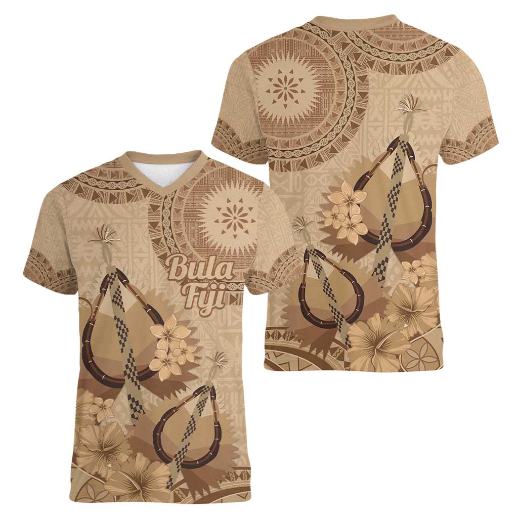 Brown Bula Fiji Women V-Neck T-Shirt Fijian Dance Fan Tapa Cloth Pattern LT14 - Polynesian Pride