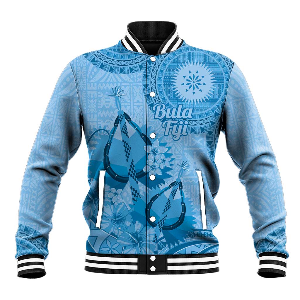 Blue Bula Fiji Baseball Jacket Fijian Dance Fan Tapa Cloth Pattern LT14 Unisex Blue - Polynesian Pride