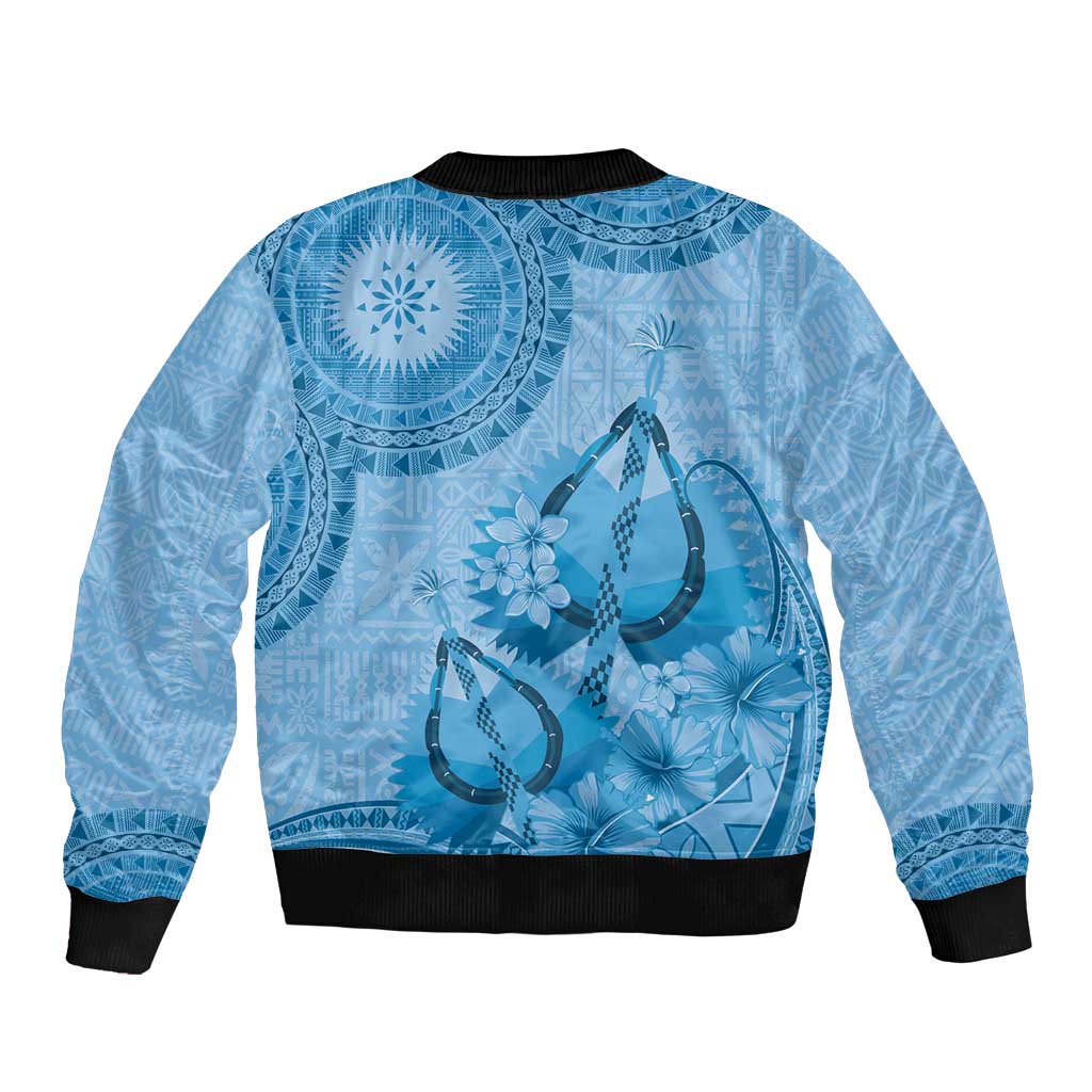 Blue Bula Fiji Bomber Jacket Fijian Dance Fan Tapa Cloth Pattern