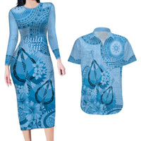 Blue Bula Fiji Couples Matching Long Sleeve Bodycon Dress and Hawaiian Shirt Fijian Dance Fan Tapa Cloth Pattern LT14 Blue - Polynesian Pride