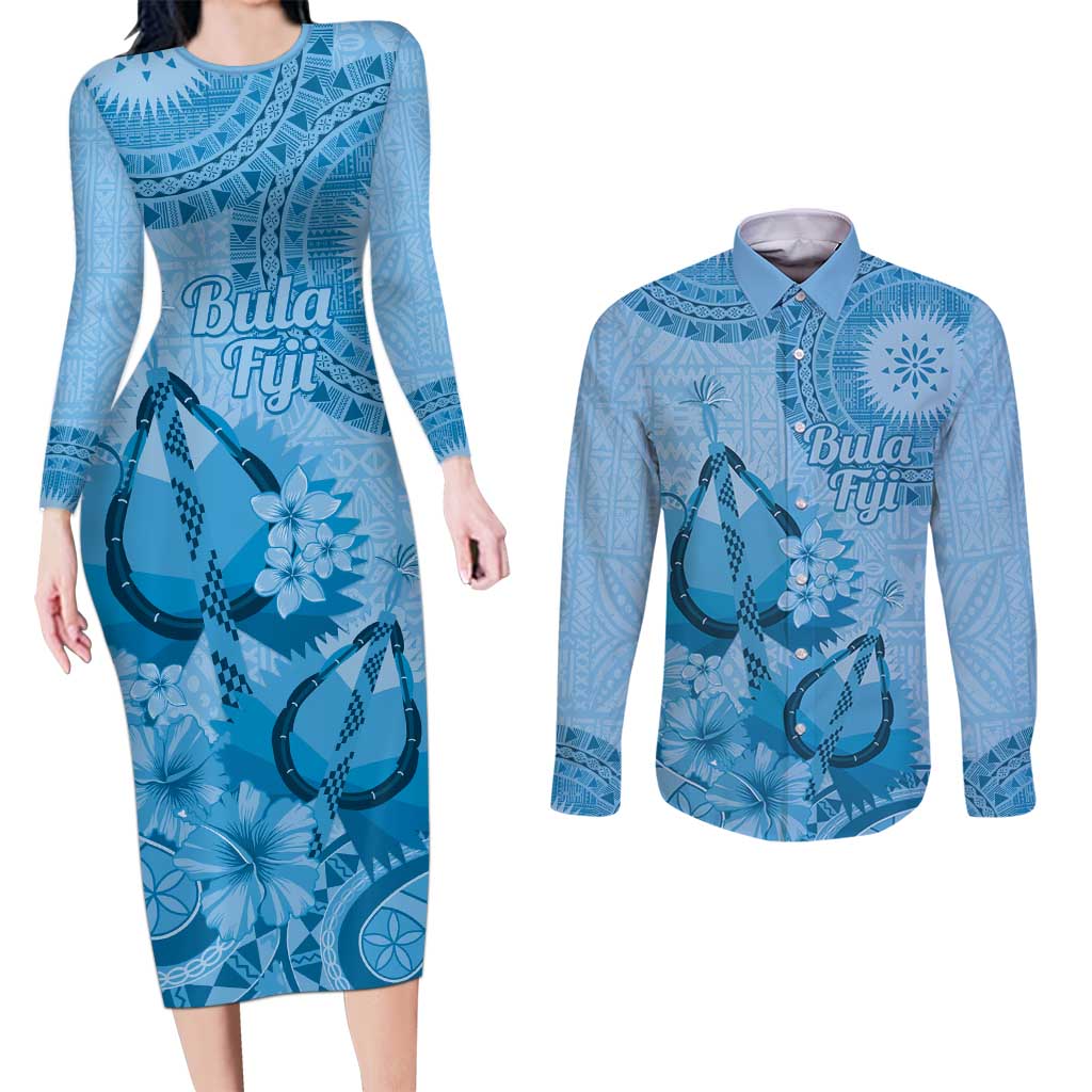Blue Bula Fiji Couples Matching Long Sleeve Bodycon Dress and Long Sleeve Button Shirt Fijian Dance Fan Tapa Cloth Pattern LT14 Blue - Polynesian Pride