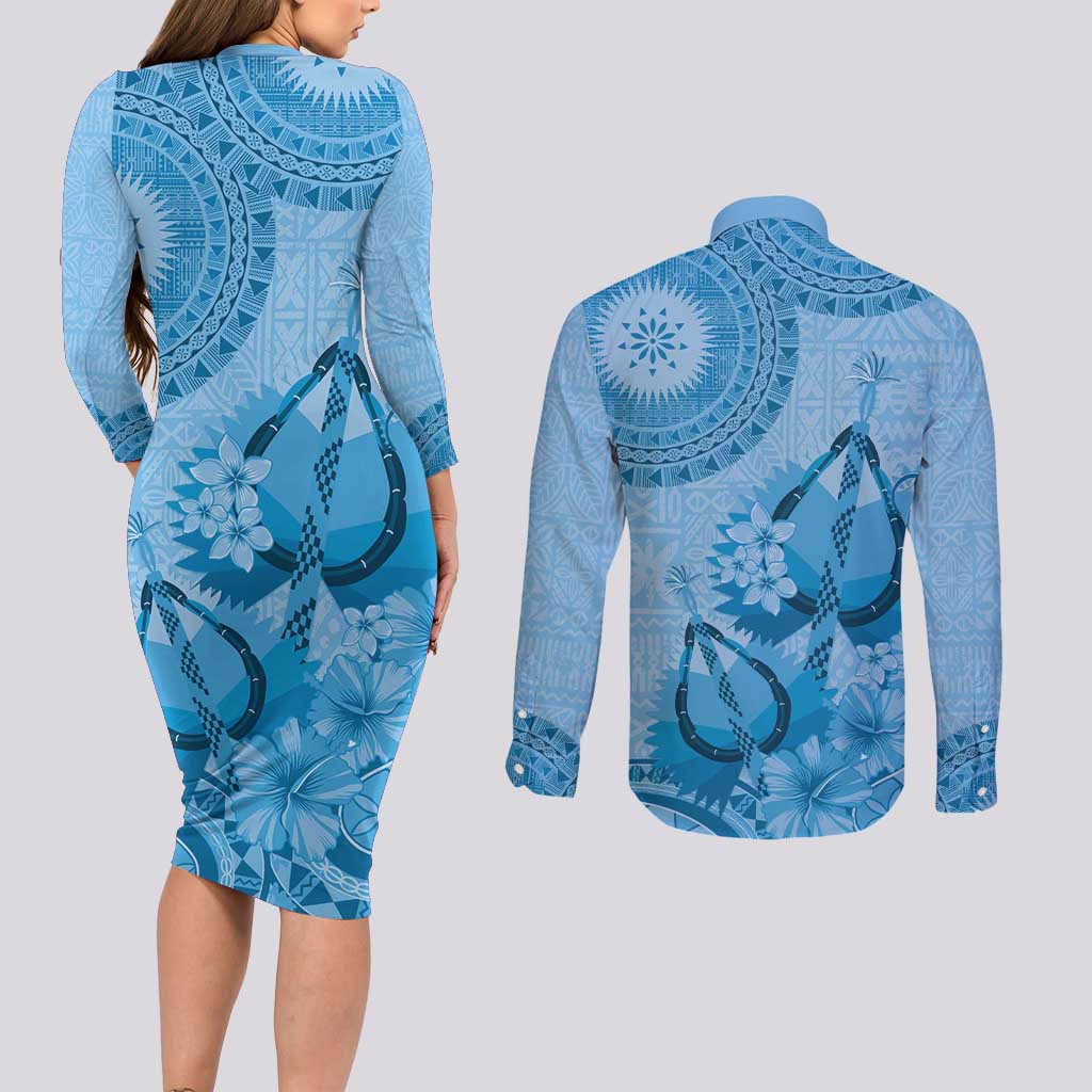 Blue Bula Fiji Couples Matching Long Sleeve Bodycon Dress and Long Sleeve Button Shirt Fijian Dance Fan Tapa Cloth Pattern LT14 - Polynesian Pride