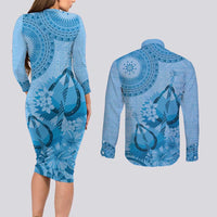 Blue Bula Fiji Couples Matching Long Sleeve Bodycon Dress and Long Sleeve Button Shirt Fijian Dance Fan Tapa Cloth Pattern LT14 - Polynesian Pride