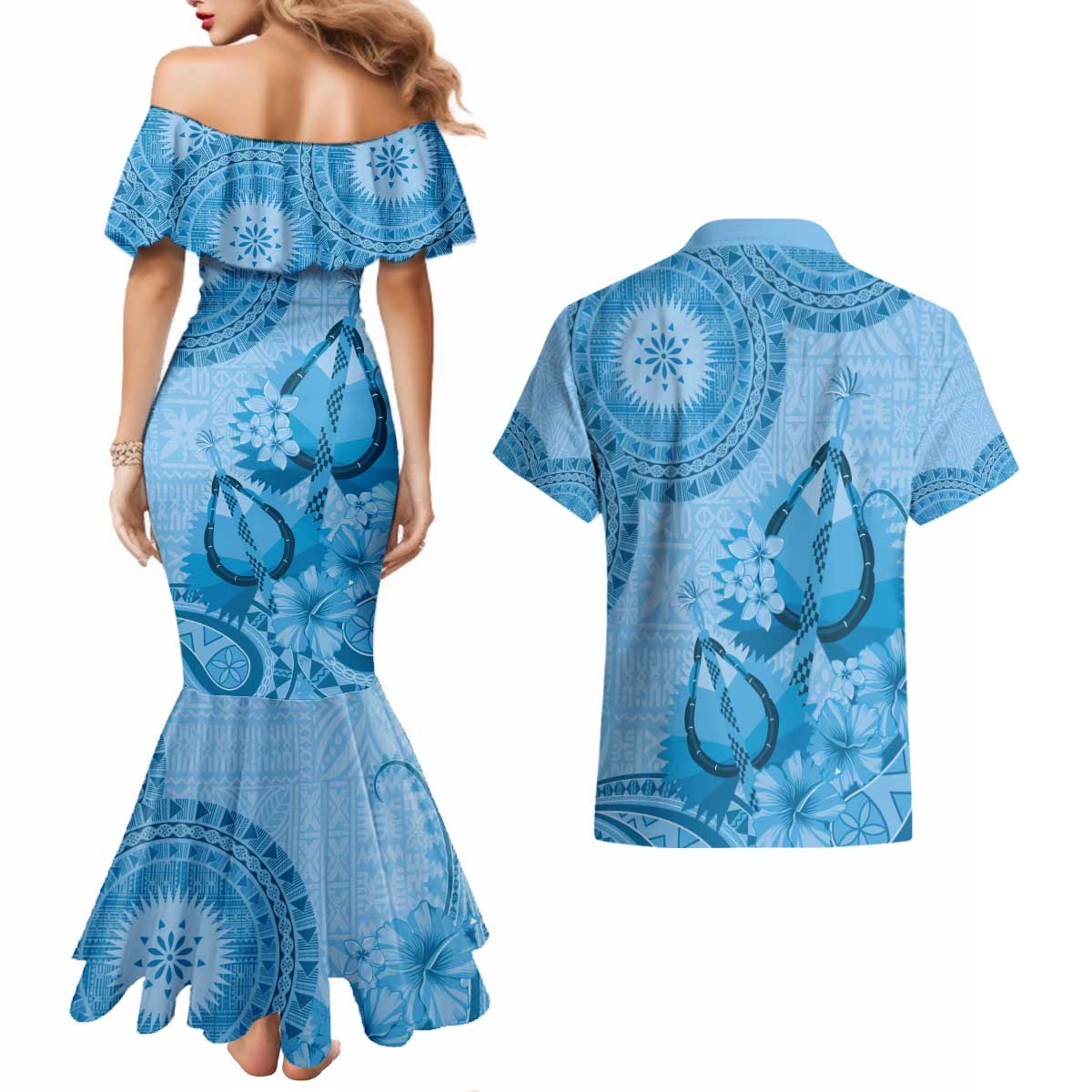 Blue Bula Fiji Couples Matching Mermaid Dress and Hawaiian Shirt Fijian Dance Fan Tapa Cloth Pattern LT14 - Polynesian Pride