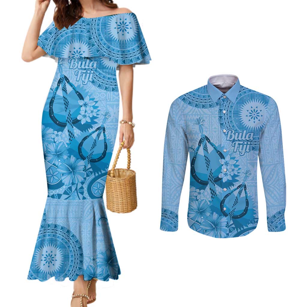 Blue Bula Fiji Couples Matching Mermaid Dress and Long Sleeve Button Shirt Fijian Dance Fan Tapa Cloth Pattern LT14 Blue - Polynesian Pride