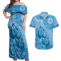 Blue Bula Fiji Couples Matching Off Shoulder Maxi Dress and Hawaiian Shirt Fijian Dance Fan Tapa Cloth Pattern LT14 Blue - Polynesian Pride