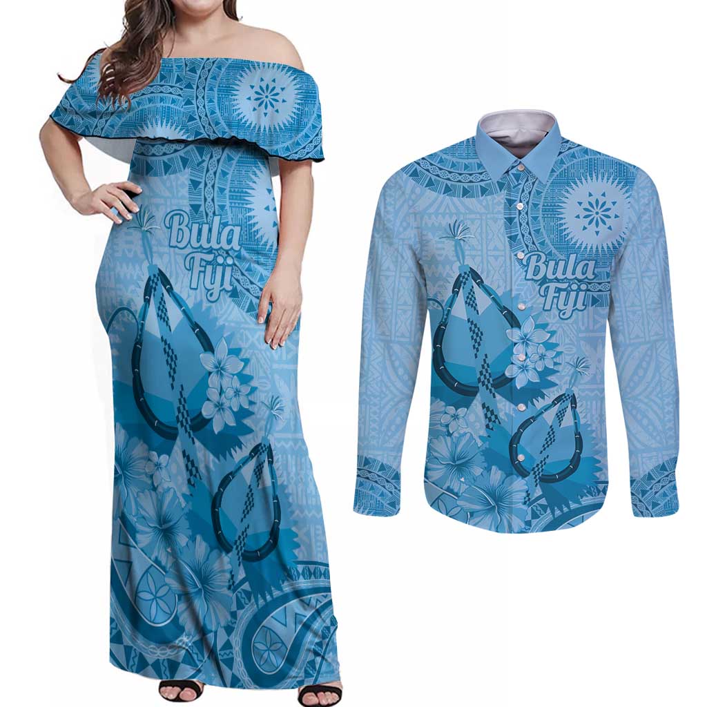 Blue Bula Fiji Couples Matching Off Shoulder Maxi Dress and Long Sleeve Button Shirt Fijian Dance Fan Tapa Cloth Pattern LT14 Blue - Polynesian Pride
