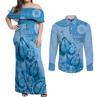 Blue Bula Fiji Couples Matching Off Shoulder Maxi Dress and Long Sleeve Button Shirt Fijian Dance Fan Tapa Cloth Pattern LT14 Blue - Polynesian Pride