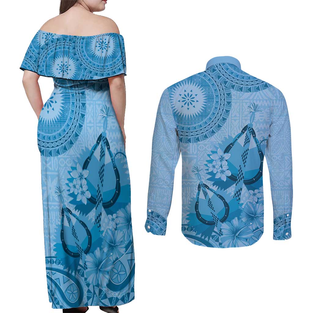 Blue Bula Fiji Couples Matching Off Shoulder Maxi Dress and Long Sleeve Button Shirt Fijian Dance Fan Tapa Cloth Pattern LT14 - Polynesian Pride