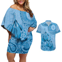Blue Bula Fiji Couples Matching Off Shoulder Short Dress and Hawaiian Shirt Fijian Dance Fan Tapa Cloth Pattern LT14 Blue - Polynesian Pride