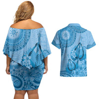 Blue Bula Fiji Couples Matching Off Shoulder Short Dress and Hawaiian Shirt Fijian Dance Fan Tapa Cloth Pattern LT14 - Polynesian Pride