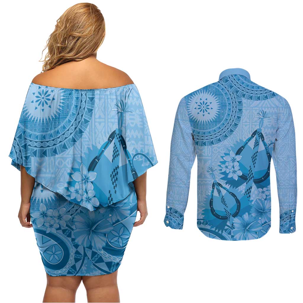 Blue Bula Fiji Couples Matching Off Shoulder Short Dress and Long Sleeve Button Shirt Fijian Dance Fan Tapa Cloth Pattern LT14 - Polynesian Pride