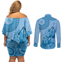Blue Bula Fiji Couples Matching Off Shoulder Short Dress and Long Sleeve Button Shirt Fijian Dance Fan Tapa Cloth Pattern LT14 - Polynesian Pride