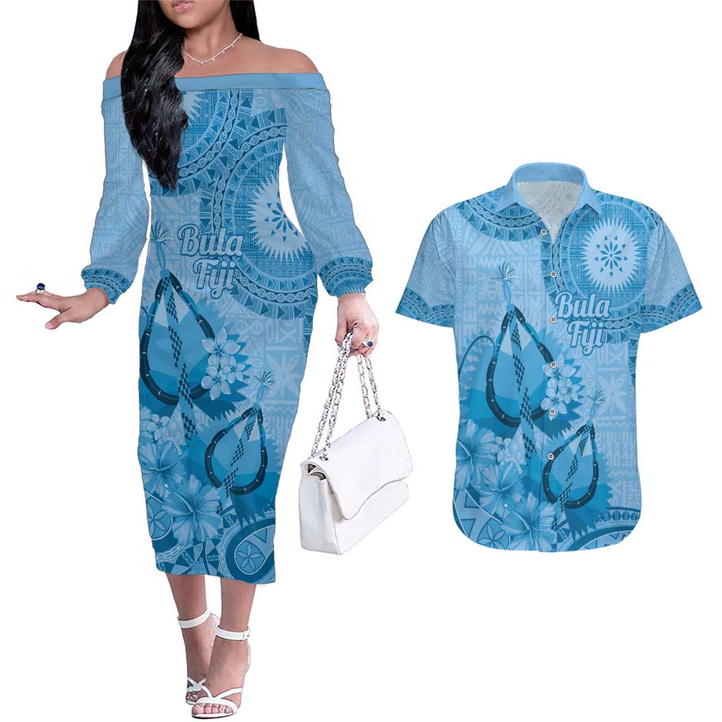 Blue Bula Fiji Couples Matching Off The Shoulder Long Sleeve Dress and Hawaiian Shirt Fijian Dance Fan Tapa Cloth Pattern
