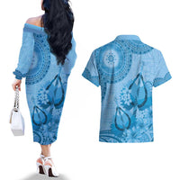 Blue Bula Fiji Couples Matching Off The Shoulder Long Sleeve Dress and Hawaiian Shirt Fijian Dance Fan Tapa Cloth Pattern LT14 - Polynesian Pride