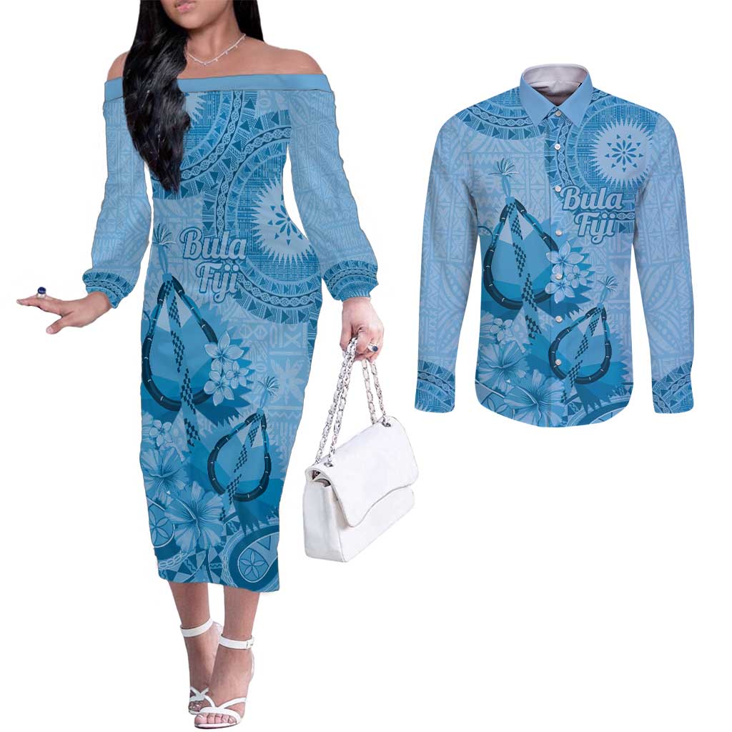 Blue Bula Fiji Couples Matching Off The Shoulder Long Sleeve Dress and Long Sleeve Button Shirt Fijian Dance Fan Tapa Cloth Pattern