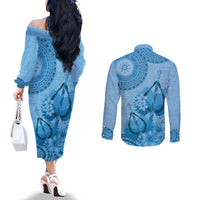 Blue Bula Fiji Couples Matching Off The Shoulder Long Sleeve Dress and Long Sleeve Button Shirt Fijian Dance Fan Tapa Cloth Pattern LT14 - Polynesian Pride