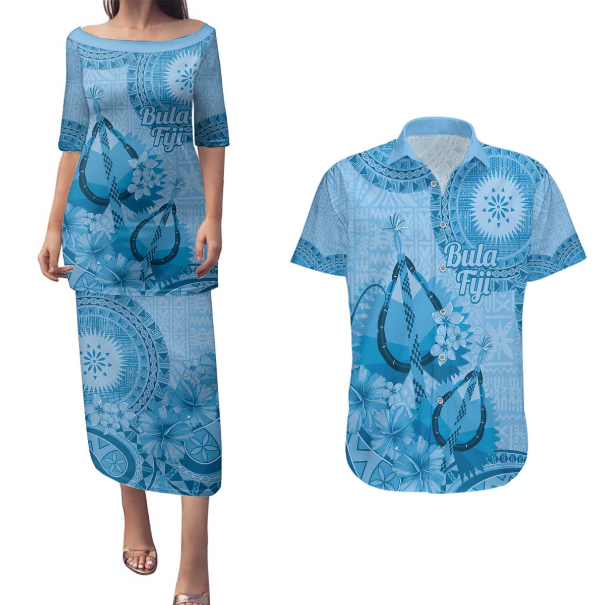 Blue Bula Fiji Couples Matching Puletasi and Hawaiian Shirt Fijian Dance Fan Tapa Cloth Pattern LT14 Blue - Polynesian Pride