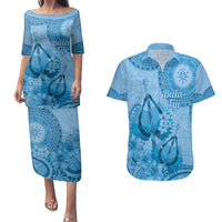 Blue Bula Fiji Couples Matching Puletasi and Hawaiian Shirt Fijian Dance Fan Tapa Cloth Pattern LT14 Blue - Polynesian Pride