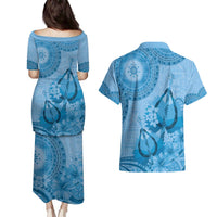 Blue Bula Fiji Couples Matching Puletasi and Hawaiian Shirt Fijian Dance Fan Tapa Cloth Pattern LT14 - Polynesian Pride