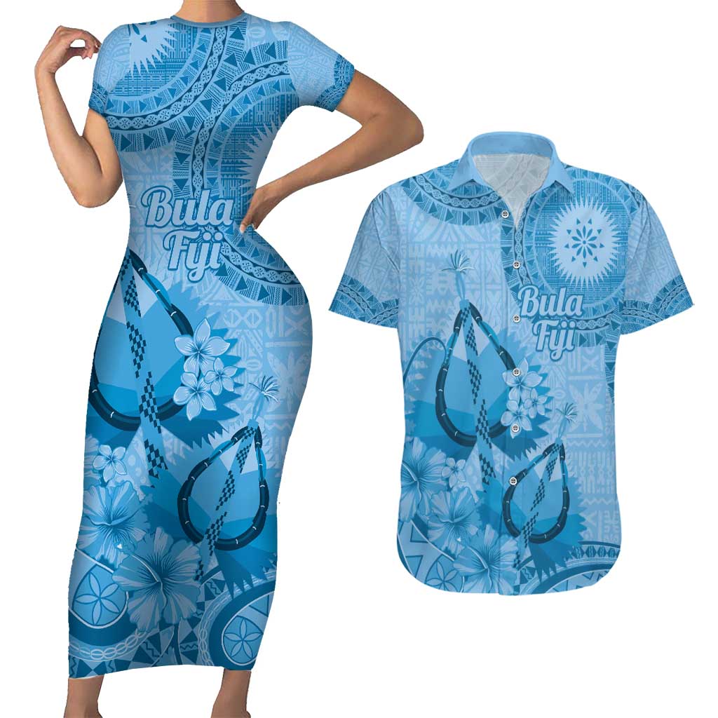 Blue Bula Fiji Couples Matching Short Sleeve Bodycon Dress and Hawaiian Shirt Fijian Dance Fan Tapa Cloth Pattern LT14 Blue - Polynesian Pride