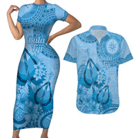 Blue Bula Fiji Couples Matching Short Sleeve Bodycon Dress and Hawaiian Shirt Fijian Dance Fan Tapa Cloth Pattern LT14 Blue - Polynesian Pride