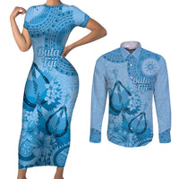 Blue Bula Fiji Couples Matching Short Sleeve Bodycon Dress and Long Sleeve Button Shirt Fijian Dance Fan Tapa Cloth Pattern LT14 Blue - Polynesian Pride