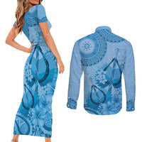Blue Bula Fiji Couples Matching Short Sleeve Bodycon Dress and Long Sleeve Button Shirt Fijian Dance Fan Tapa Cloth Pattern LT14 - Polynesian Pride