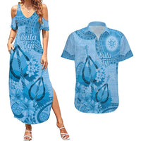 Blue Bula Fiji Couples Matching Summer Maxi Dress and Hawaiian Shirt Fijian Dance Fan Tapa Cloth Pattern LT14 Blue - Polynesian Pride