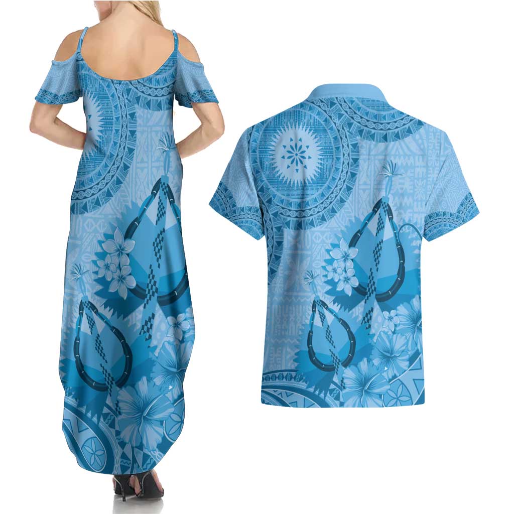 Blue Bula Fiji Couples Matching Summer Maxi Dress and Hawaiian Shirt Fijian Dance Fan Tapa Cloth Pattern LT14 - Polynesian Pride