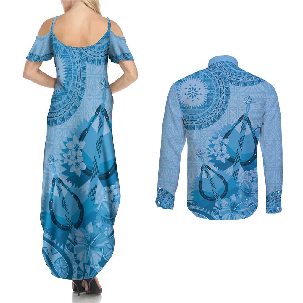 Blue Bula Fiji Couples Matching Summer Maxi Dress and Long Sleeve Button Shirt Fijian Dance Fan Tapa Cloth Pattern LT14 - Polynesian Pride