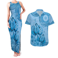 Blue Bula Fiji Couples Matching Tank Maxi Dress and Hawaiian Shirt Fijian Dance Fan Tapa Cloth Pattern LT14 Blue - Polynesian Pride