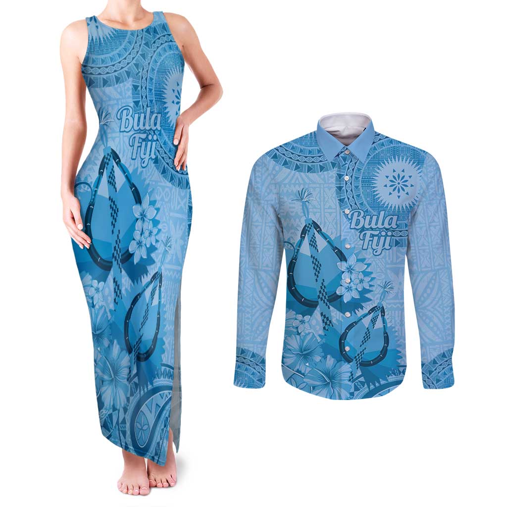 Blue Bula Fiji Couples Matching Tank Maxi Dress and Long Sleeve Button Shirt Fijian Dance Fan Tapa Cloth Pattern LT14 Blue - Polynesian Pride