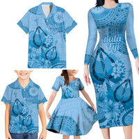 Blue Bula Fiji Family Matching Long Sleeve Bodycon Dress and Hawaiian Shirt Fijian Dance Fan Tapa Cloth Pattern LT14 - Polynesian Pride
