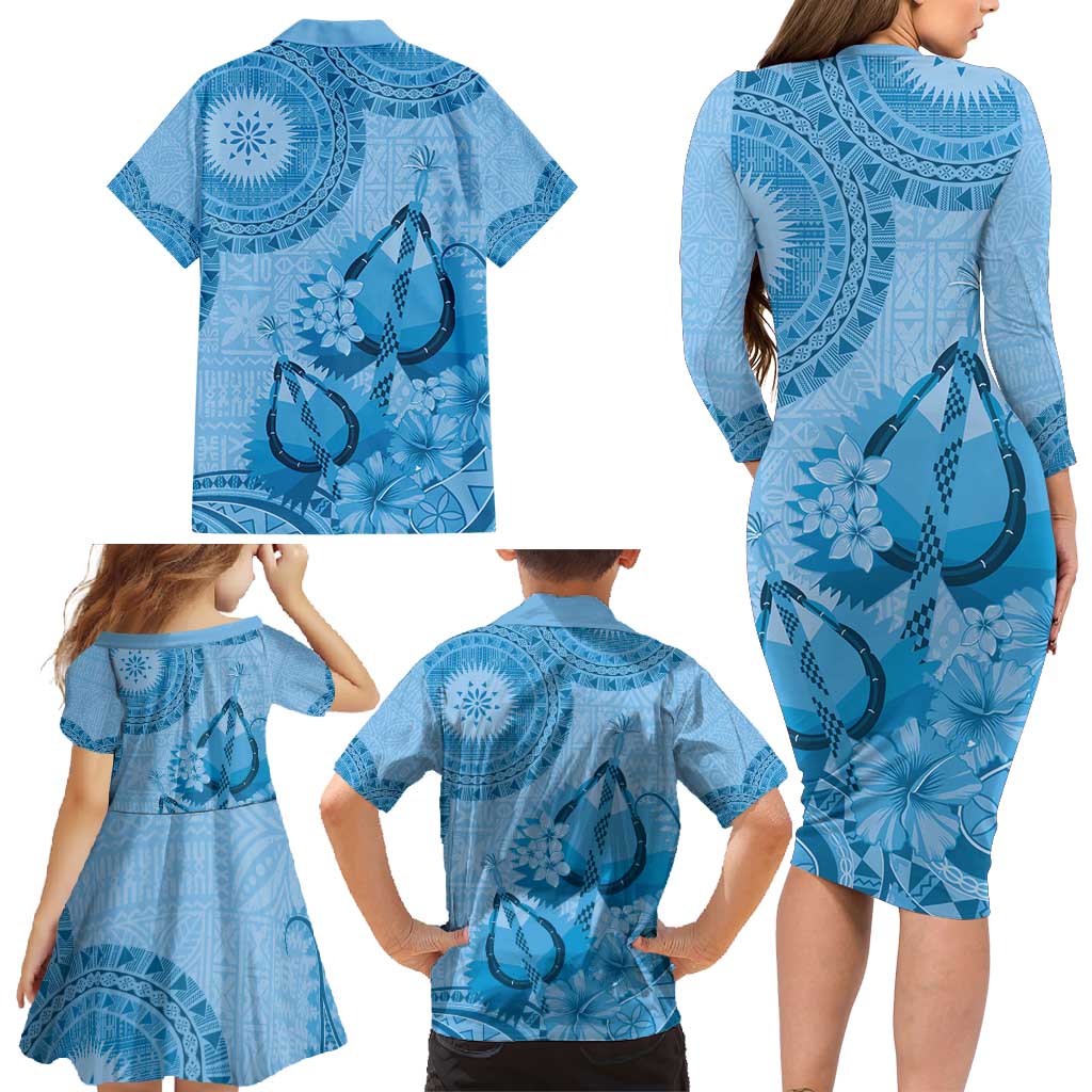 Blue Bula Fiji Family Matching Long Sleeve Bodycon Dress and Hawaiian Shirt Fijian Dance Fan Tapa Cloth Pattern LT14 - Polynesian Pride