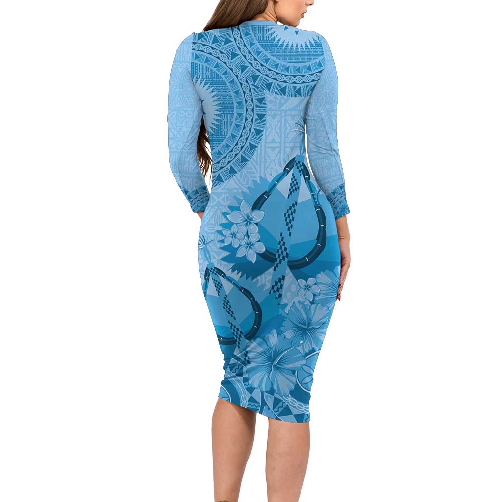 Blue Bula Fiji Family Matching Long Sleeve Bodycon Dress and Hawaiian Shirt Fijian Dance Fan Tapa Cloth Pattern LT14 - Polynesian Pride