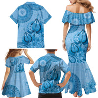 Blue Bula Fiji Family Matching Mermaid Dress and Hawaiian Shirt Fijian Dance Fan Tapa Cloth Pattern LT14 - Polynesian Pride