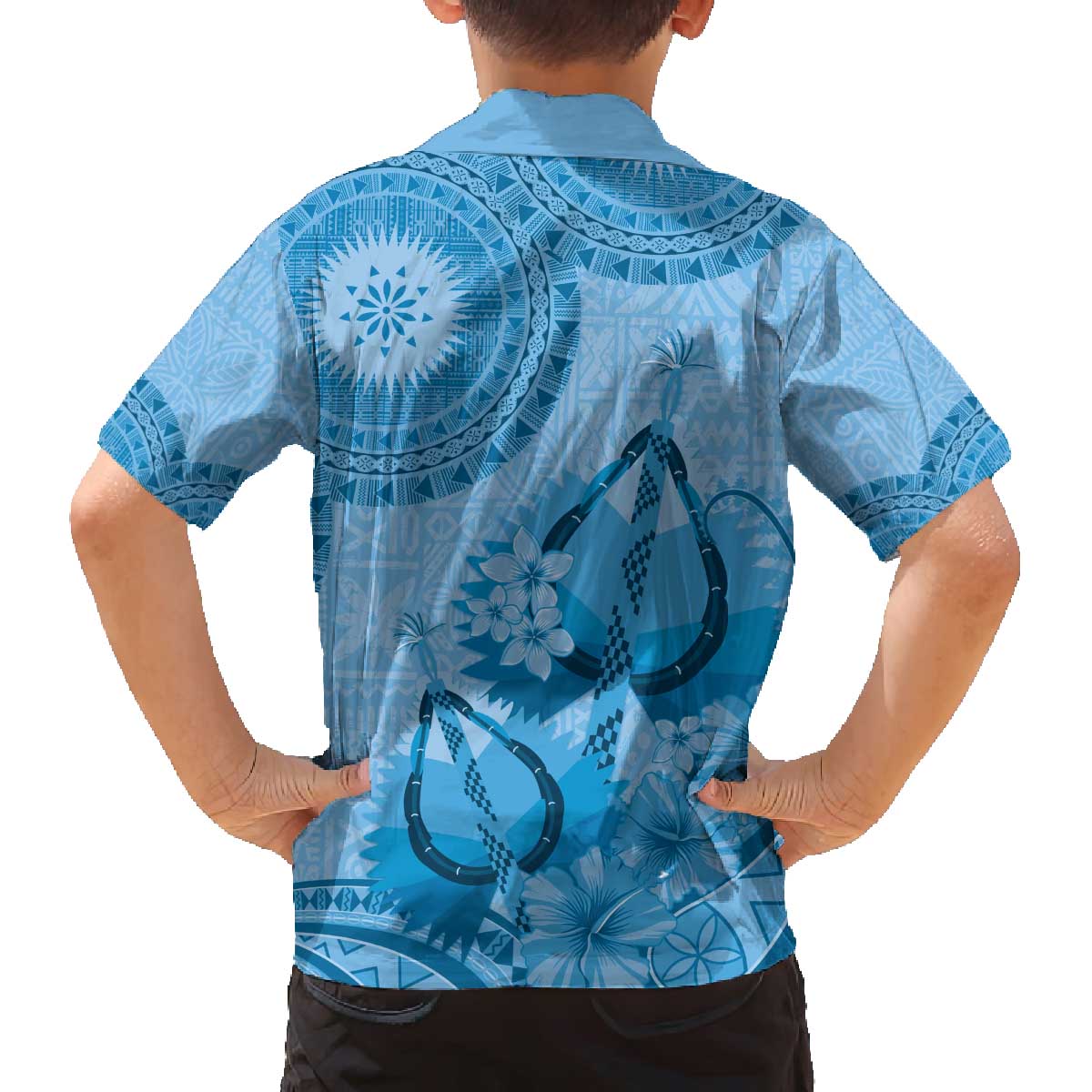 Blue Bula Fiji Family Matching Off The Shoulder Long Sleeve Dress and Hawaiian Shirt Fijian Dance Fan Tapa Cloth Pattern LT14 - Polynesian Pride