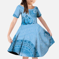 Blue Bula Fiji Family Matching Off The Shoulder Long Sleeve Dress and Hawaiian Shirt Fijian Dance Fan Tapa Cloth Pattern LT14 Daughter's Dress Blue - Polynesian Pride