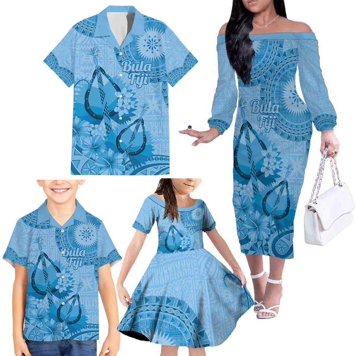 Blue Bula Fiji Family Matching Off The Shoulder Long Sleeve Dress and Hawaiian Shirt Fijian Dance Fan Tapa Cloth Pattern LT14 - Polynesian Pride