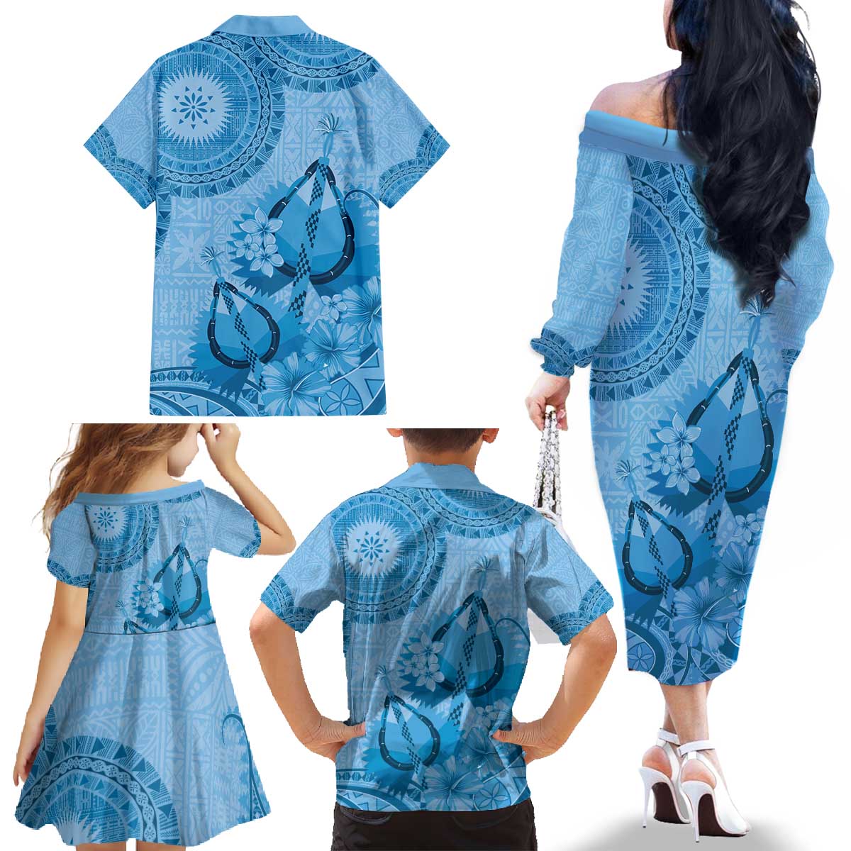 Blue Bula Fiji Family Matching Off The Shoulder Long Sleeve Dress and Hawaiian Shirt Fijian Dance Fan Tapa Cloth Pattern LT14 - Polynesian Pride
