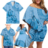 Blue Bula Fiji Family Matching Off Shoulder Short Dress and Hawaiian Shirt Fijian Dance Fan Tapa Cloth Pattern LT14 - Polynesian Pride