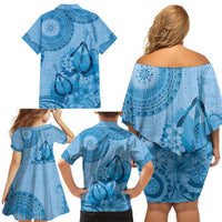 Blue Bula Fiji Family Matching Off Shoulder Short Dress and Hawaiian Shirt Fijian Dance Fan Tapa Cloth Pattern LT14 - Polynesian Pride