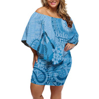 Blue Bula Fiji Family Matching Off Shoulder Short Dress and Hawaiian Shirt Fijian Dance Fan Tapa Cloth Pattern LT14 Mom's Dress Blue - Polynesian Pride