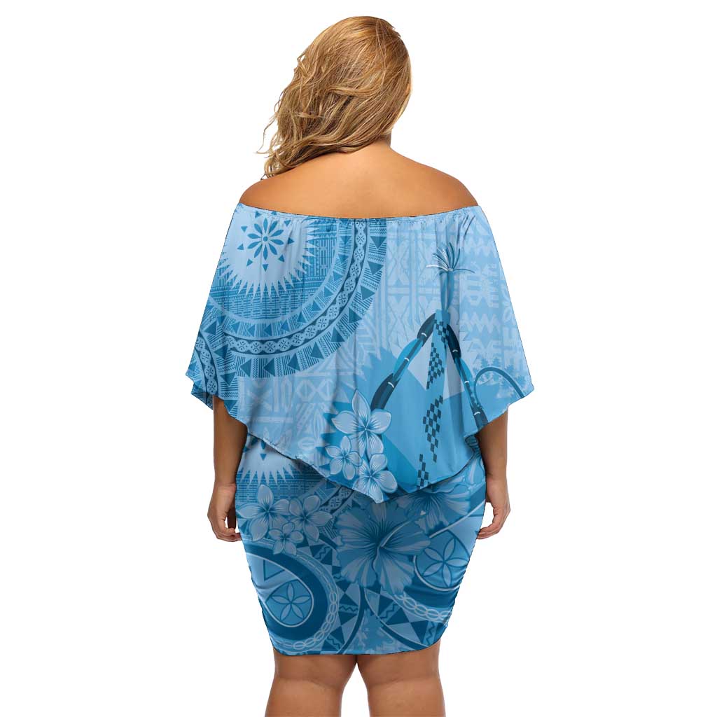 Blue Bula Fiji Family Matching Off Shoulder Short Dress and Hawaiian Shirt Fijian Dance Fan Tapa Cloth Pattern LT14 - Polynesian Pride