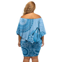 Blue Bula Fiji Family Matching Off Shoulder Short Dress and Hawaiian Shirt Fijian Dance Fan Tapa Cloth Pattern LT14 - Polynesian Pride