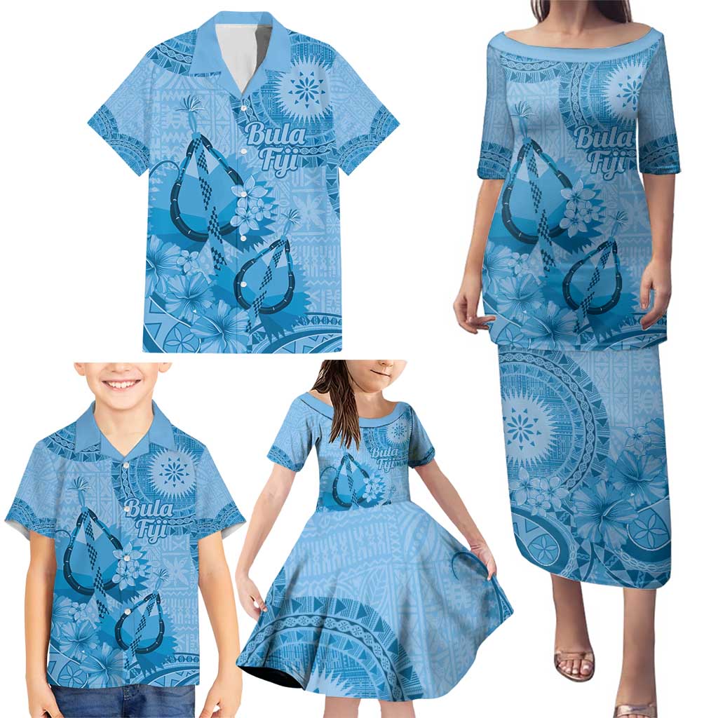 Blue Bula Fiji Family Matching Puletasi and Hawaiian Shirt Fijian Dance Fan Tapa Cloth Pattern LT14 - Polynesian Pride