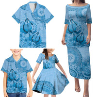 Blue Bula Fiji Family Matching Puletasi and Hawaiian Shirt Fijian Dance Fan Tapa Cloth Pattern LT14 - Polynesian Pride