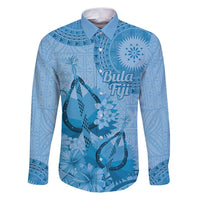 Blue Bula Fiji Family Matching Puletasi and Hawaiian Shirt Fijian Dance Fan Tapa Cloth Pattern LT14 Dad's Shirt - Long Sleeve Blue - Polynesian Pride